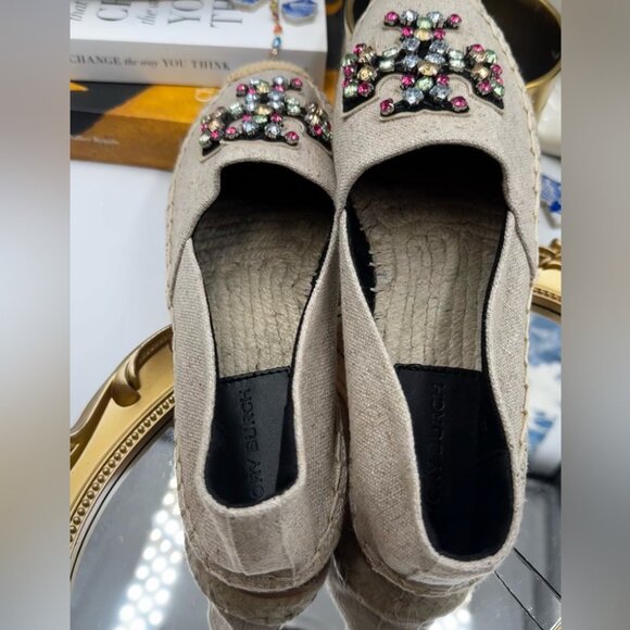 🆕 TORY BURCH 🧿 NWOT Ines Linen & Leather Bejewelled Espadrilles - Size 8 - Picture 5 of 10